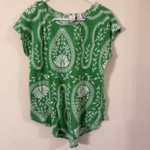 Joie Linen Top Women's Large Green White Floral Leaves Short Sleeve Tee Garden